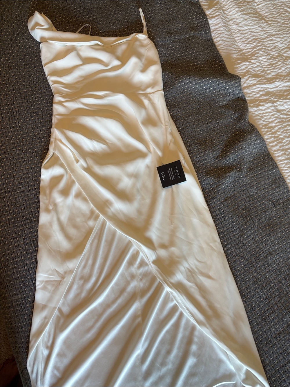 Lulu's One-Shoulder Satin Slip Dress in Ivory